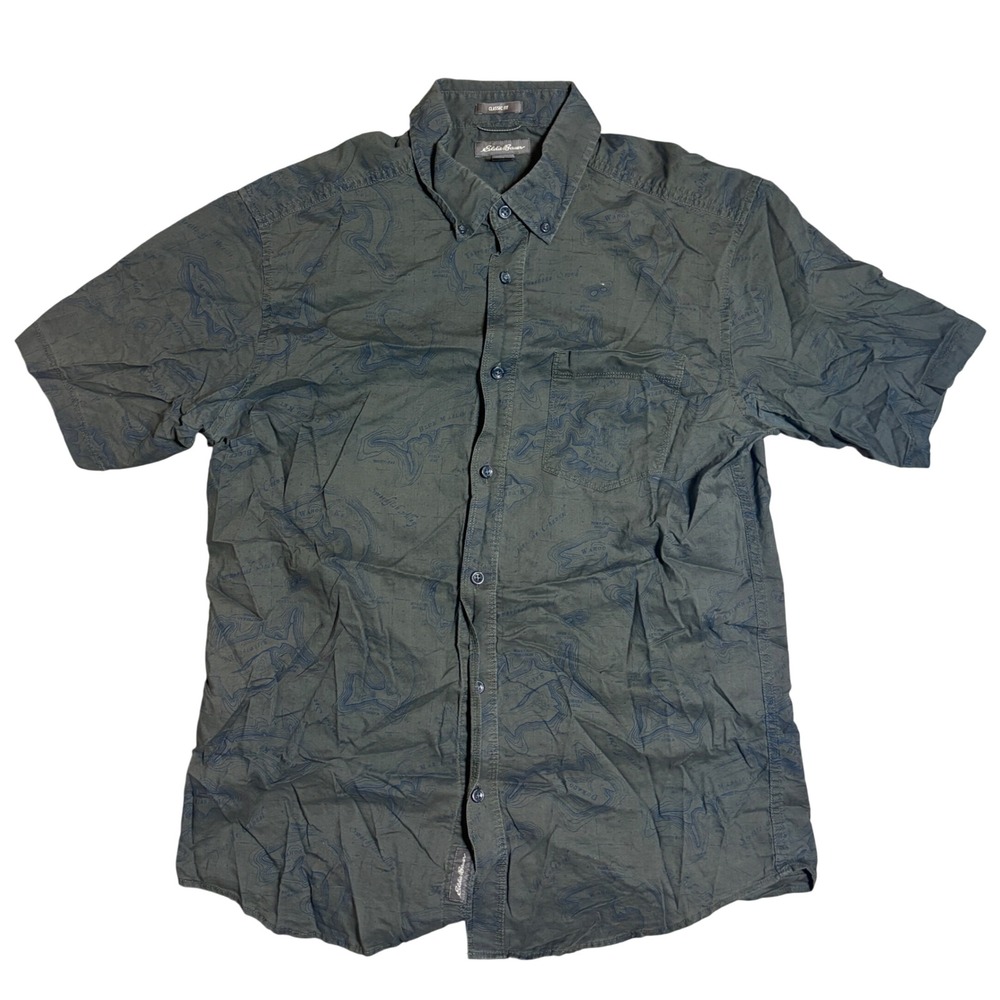 Eddie Bauer Button Down Shirt Medium Green Nautical Fish Map Print Classic Fit